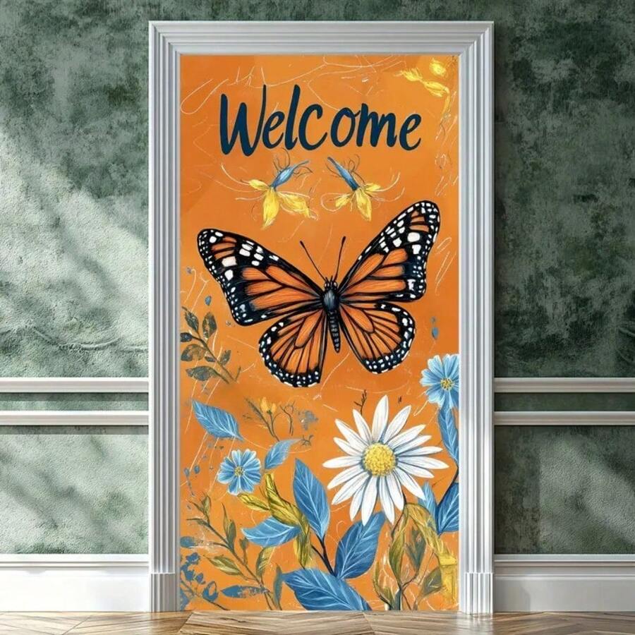 2D 门横幅，门框装饰，1 件，春花与蝴蝶主题元素门框装饰横幅，门悬挂背景标志，节日装饰，户外旗帜，35.4x70.8 英寸