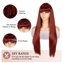 Long Straight Hair Burgundy Wigs With Bangs Heat Resistant Hair Synthetic No Lace Wigs For Fashion Women 28 Inch