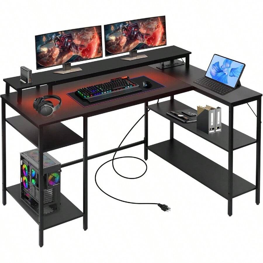 L Shaped Gaming Desk With Lights & Power Outlets, Reversible Computer ...