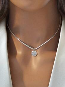 1pc 925 Sterling Silver Cubic Zirconia Round Pendant Necklace, Women's Jewelry, Party Gift, Engagement Wedding Eternal Promise Necklace, Exquisite Jewelry - Diamond Medal Necklace - View 3