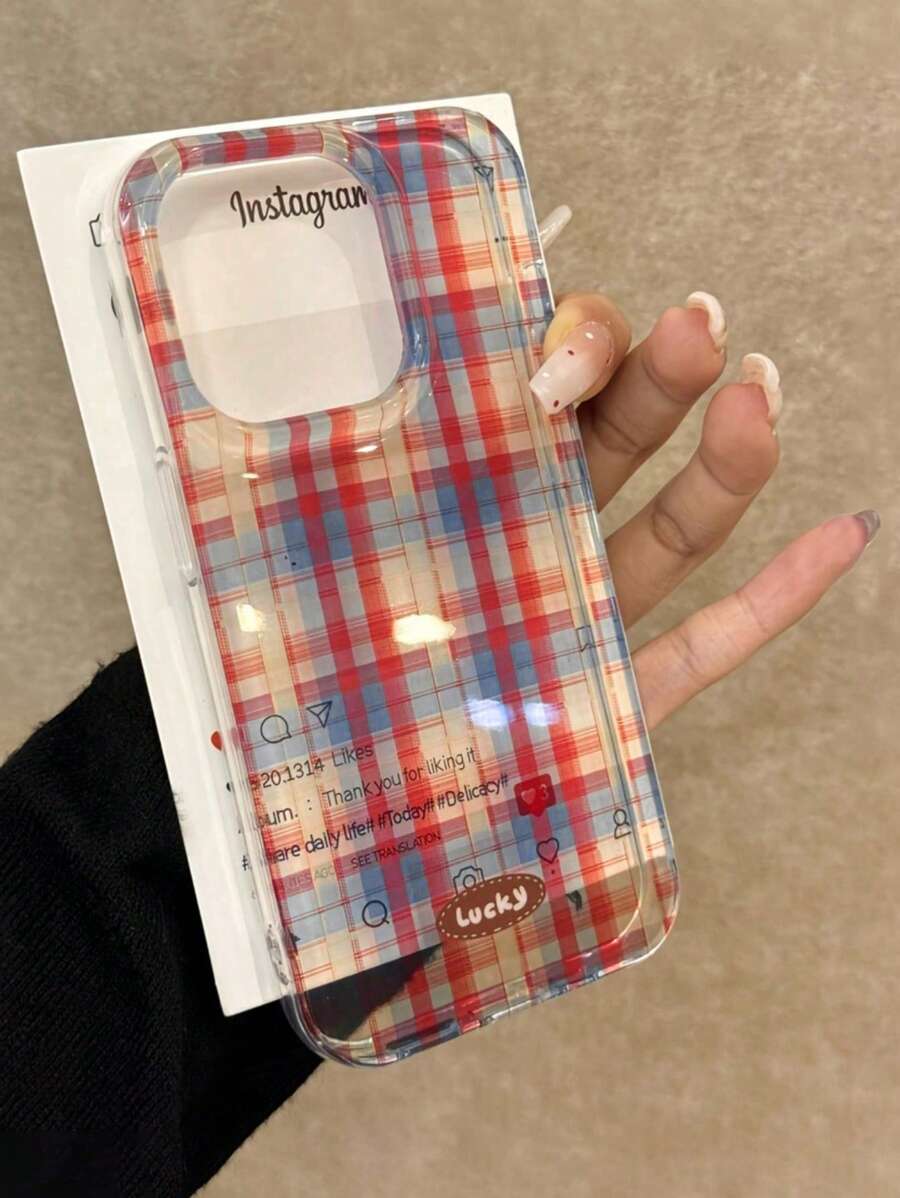 复古可爱棋盘格图案糖果手机壳适用于 16 Pro Max 15 14 13 12 后盖柔软防水防震防摔防刮 - 紅藍格子 - 查看 1