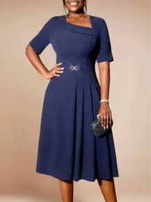 Elegant A Line Dresses Skew Collar Pleated Navy Modest Female Office Work Party New For Birthday, Wedding Guest, Graduation, Dinner, Homecoming - Navy Blue - View 1