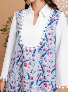 女士方领花卉印花优雅长袖长袍 Abaya 朴素卡夫坦 Jalabiya 阿拉伯连衣裙 - 彩色 - 查看 5