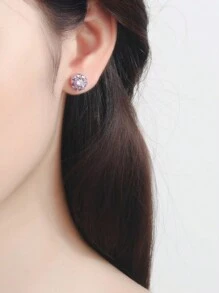 1 Pair Minimalist Diamond-Encrusted Pink Stud Earrings, Elegant Design For Women, Spring Versatile Accessory And Gift