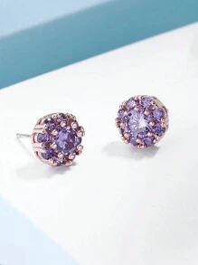 1 Pair Minimalist Diamond-Encrusted Pink Stud Earrings, Elegant Design For Women, Spring Versatile Accessory And Gift
