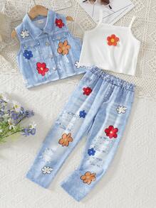 3pcs/Set Girls Summer Outfit, Includes Elegant Butterfly Print Short Sleeve Collared Blouse With Lace Detail, Elastic Waist Pants, And Camisole Undershirt, Suitable For Vacation And Travel, Spring/Summer - Blue - View 2