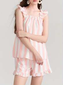 Conjunto de 2 piezas de camisetas sin mangas y pantalones cortos de verano para mujer, con volantes, tirantes y rayas/cuadros - Rosa - Ver 3