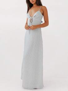 Womens Summer Long Dress Sleeveless Spaghetti Strap Tie-Up Front Loose Dress Back Cutout Dress - 天藍色 - 查看 6