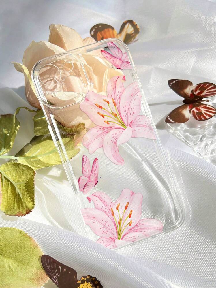 Pink Flower Elements Fashion 1pc Ins Style Flower Lily Butterfly Pattern  Transparent Soft Phone Case Compatible With IPhone 11/12/13/14/15/16 Pro  Max Spring | SHEIN