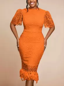 蕾丝镂空修身短袖休闲连衣裙，优雅鸡尾酒半正式连衣裙，适合生日、婚礼嘉宾、毕业典礼、晚宴、返校节 - 橘色 - 查看 1