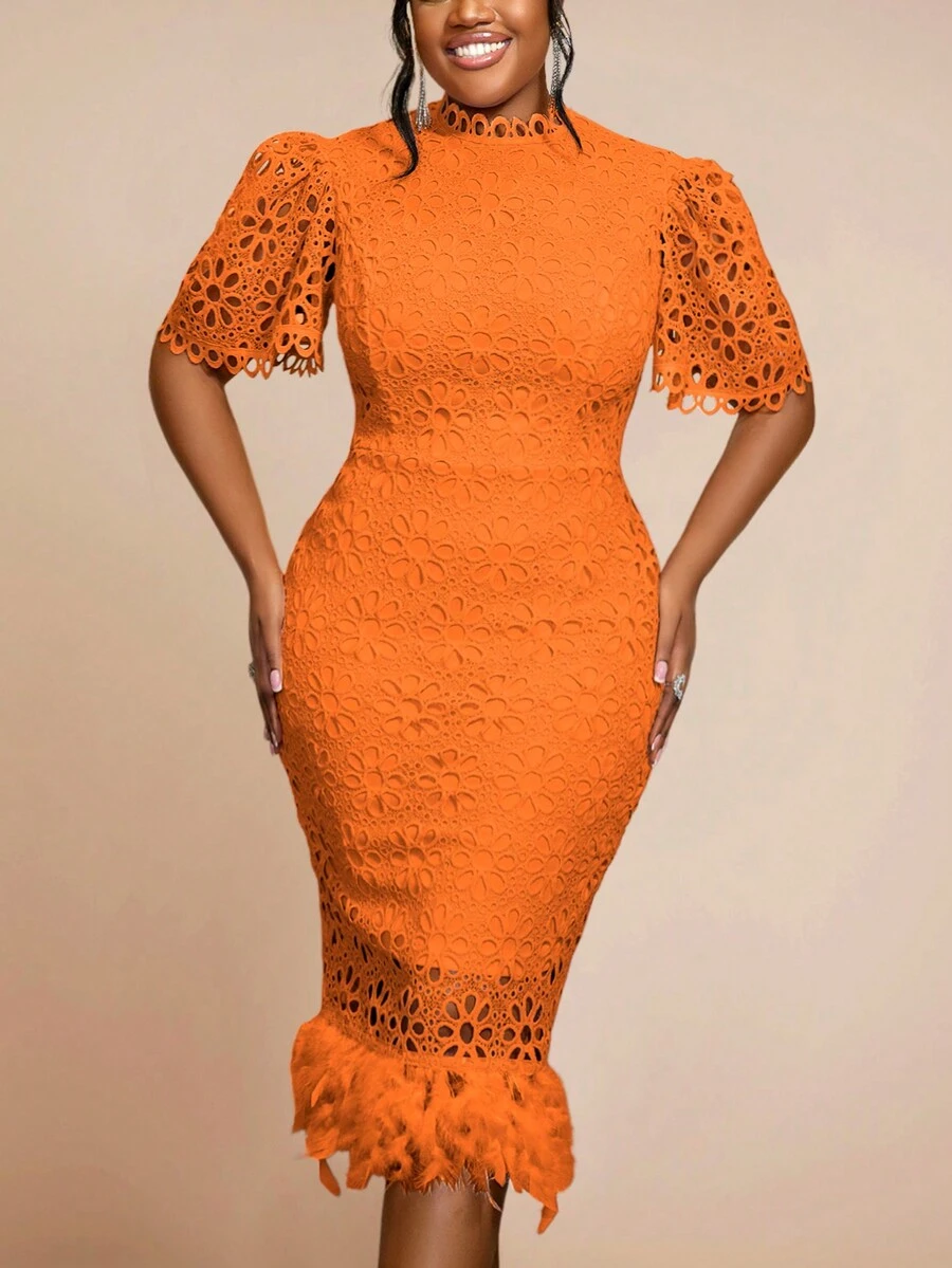 蕾丝镂空修身短袖休闲连衣裙，优雅鸡尾酒半正式连衣裙，适合生日、婚礼嘉宾、毕业典礼、晚宴、返校节 - 橘色 - 查看 1