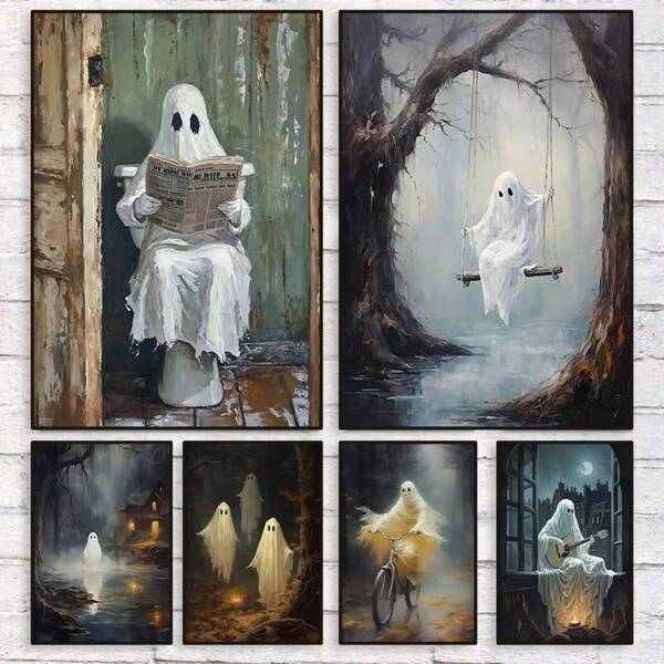1pc Wall Arts Posters Frameless Pop Vintage Ghost On The Toilet Reading A Newspaper Poster Dark Moody Victorian Canvas Painting Fun Spooky Wall Art Room Home Wall Decor Gifts Birthday Graduation