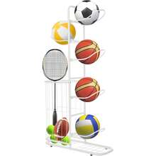 OUKANING Vertikales Ballständer für 5 Bälle, Basketballständer Ballaufbewahrung Innenbereich Ballregal Ballhalterung Stehend Ballhalter Ball Ständer für Fußball Basketball - Weiß - Übersicht 5