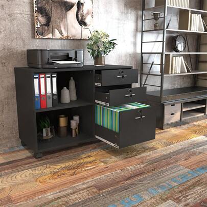 Filing Cabinet With 3 Drawers Lockable, Mobile Filing Cabinet For Home Office, Wood Storage Cabinet For A4, Letter Size Documents, Printer Table With Open Compartments Lock And Wheels, Black