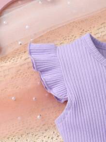 3 件套休闲优雅甜美可爱幼儿女童连衣裙，柔软舒适，蝴蝶结装饰花卉印花针织罗纹圆领荷叶边下摆连衣裙 - 彩色 - 查看 7