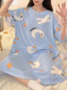 女式鸭子图案圆领落肩合身睡袍，卡通可爱风格，涤纶，夏季舒适睡衣，清凉浅蓝色 - 藍色 - 查看 3