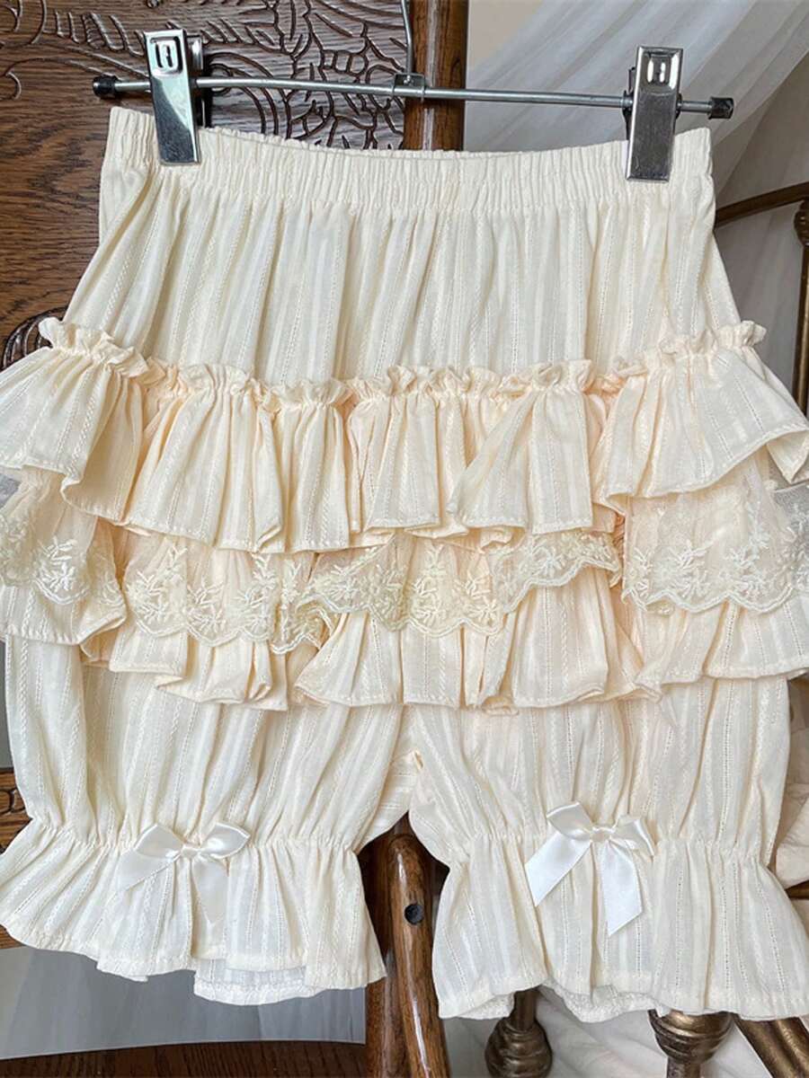 Womens Lace Trim Ruffle Shorts High Waist Solid Color Bow Bloomers ...