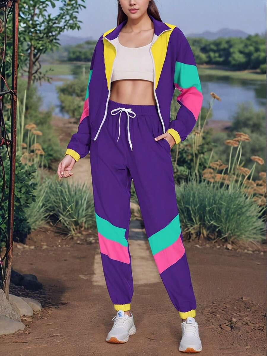 Women's Color Blocking Long Sleeve Top And Long Pants 80s 90s Tracksuit Set - Màu tím - Xem 1