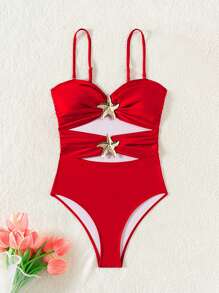 Women Monokini Bathing Suit Starfish Decor Hollow-Out Sleeveless Swimsuits Summer Swimwear Bikini - Red - View 3
