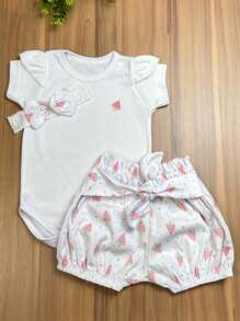 Baby Girl Set Bodysuit + Shorts + Headband - Grey - View 1