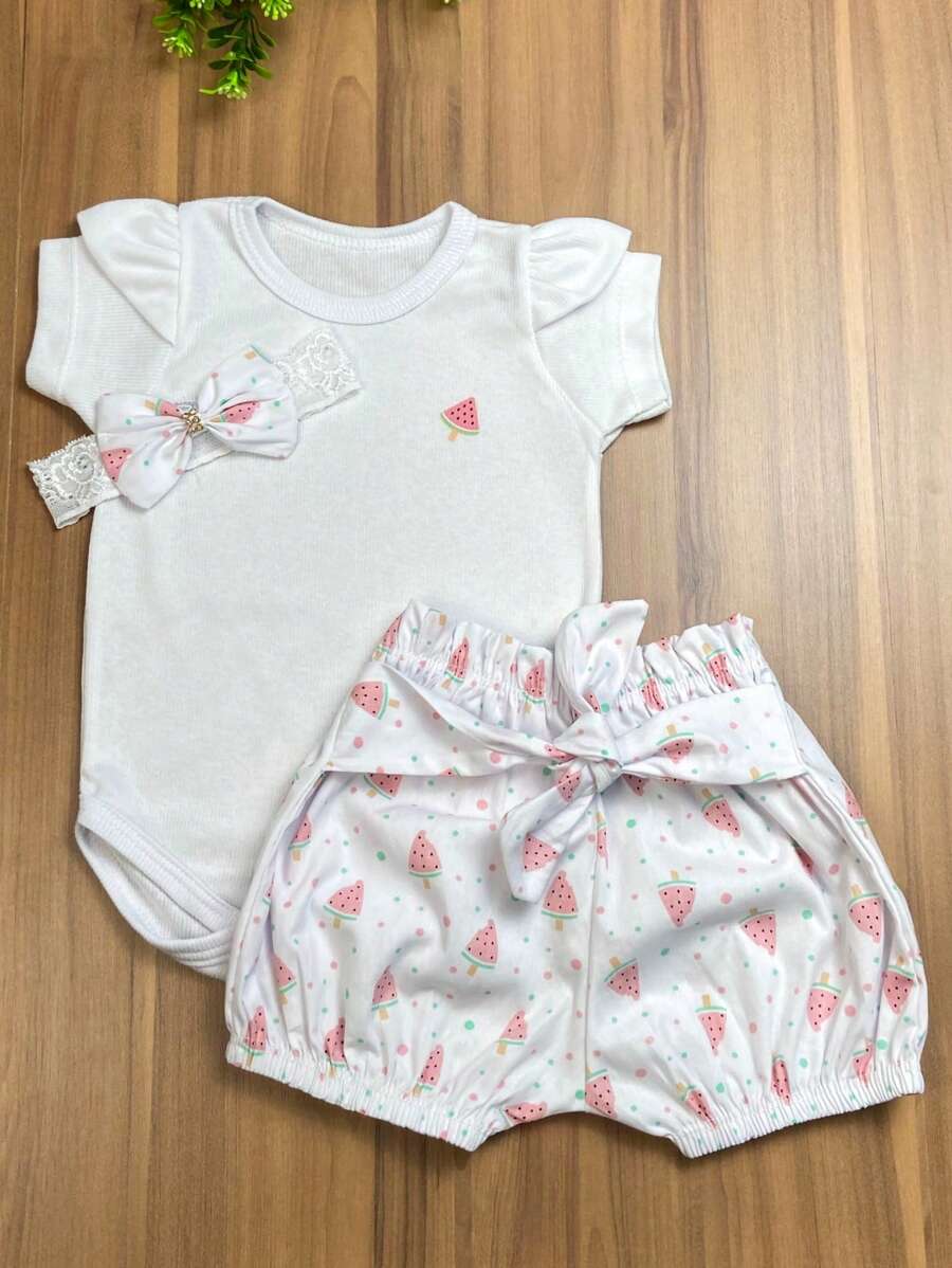 Baby Girl Set Bodysuit + Shorts + Headband - Grey - View 1