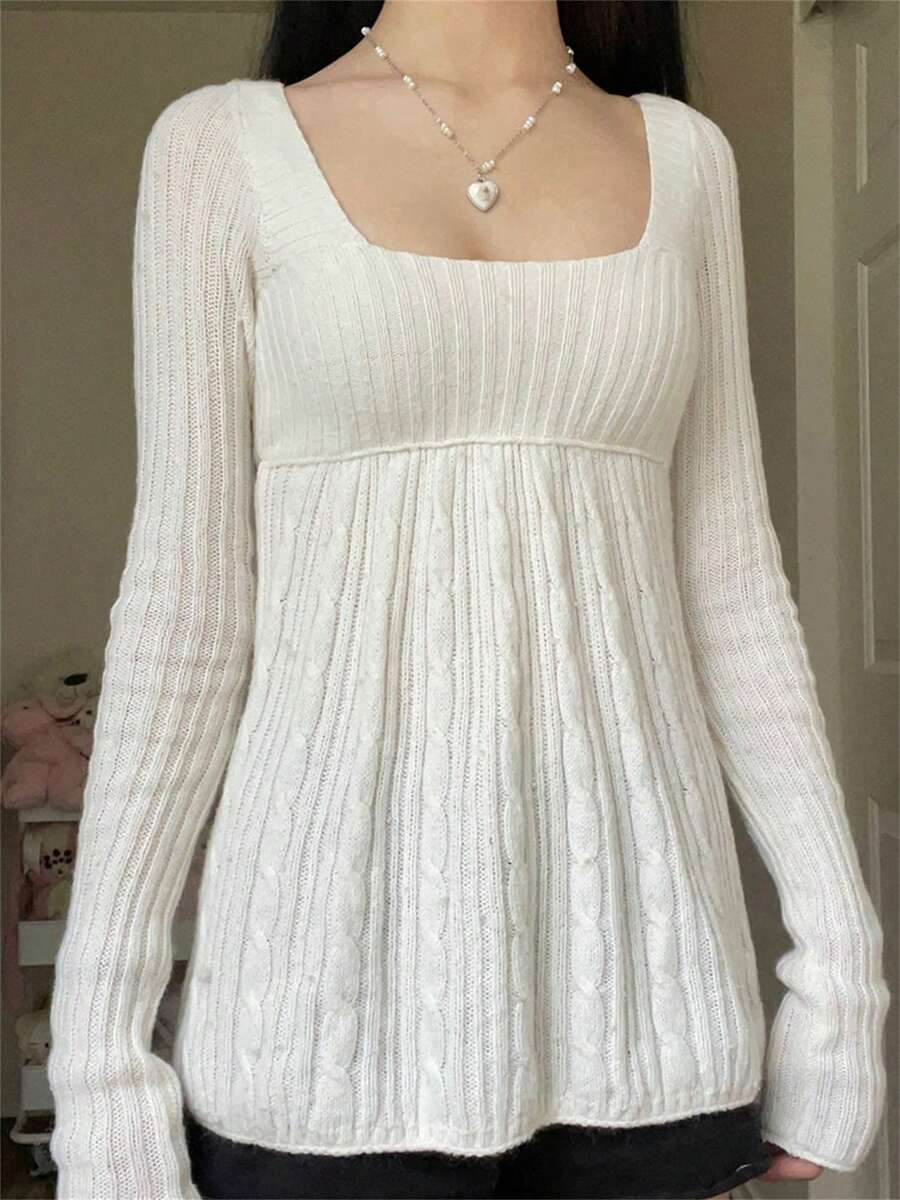 Women Fairy Grunge Loose Babydoll Sweater Cable Knit Flowy Peplum Tops Long Sleeve Square Neck Solid Color Loose Fit T-Shirts Sweaters 90S Harajuku Vintage Streetwear Aesthetic Clothes - 白色 - 查看 1