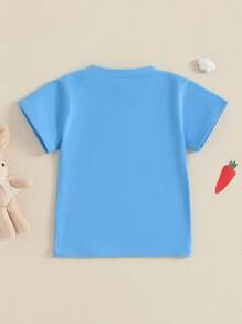 Camiseta de Pascua para niños pequeños, manga corta, cuello redondo, estampado de letras, ropa de verano para niñas y niños - Azul - Ver 3