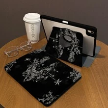 1 Stück, Stiftfach + 720° drehbare Schutzhülle für Apple Tablets, Schwarz mit Stern und Mond Muster, passend für Pro 2024 13 11 Zoll/Air6 2024 4. 5. Generation/8. /9. Generation/10. Generation, Loch für LOGO, stoßfest und fallschutz, aus PU-Leder, automatisches Aufwachen/Schlafen