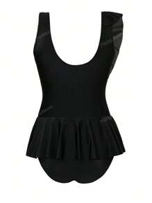 Traje de baño de una pieza de un solo color a la última moda para mujeres, estilo ajustado y sexy con volantes asimétricos, diseño con control de abdomen, escote en V para vacaciones en la playa o la piscina en verano