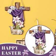 他复活了复活节十字架标志宗教木门标志基督教百合花羊复活节门花环壁挂装饰标志适用于家庭前门室内室外复活节春季装饰 - 彩色 - 查看 4