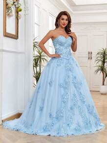 Vestido de quinceañera de tul azul bebé con apliques de flores 3D, vestido de bola con escote de corazón sin mangas, con cordones, vestido de fiesta de cumpleaños, vestido de invitada de boda, vestido de gala, vestido de noche - Celeste - Ver 7