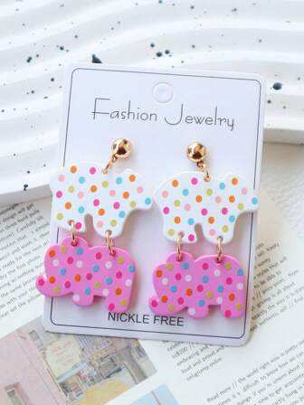 1 对春夏亚克力仿软粘土可爱动物耳环，漆面北极熊大象彩色波尔卡圆点吊坠