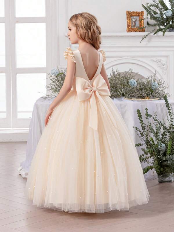 Vestido de princesa con volantes, lazo decorativo y malla para niña preadolescente, apto para fiesta de San Valentín, fiesta de cumpleaños, baile de graduación, niña de las flores, actuación escolar, celebraciones festivas