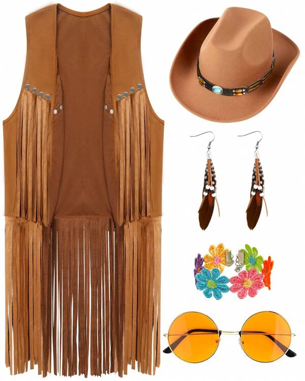 6 PCS Cowgirl Outfits Set For Women With Cowgirl Vest Cowboy Hat Turquoise Trim Bracelet Sunglasses For Christmas