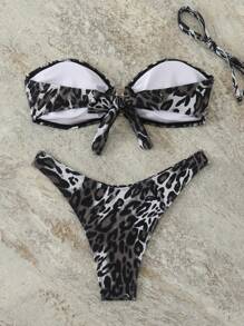 New Leopard Print Bandeau Bikini Set, Sexy Women Swimwear, For Summer Beach Vacation - Multicolor - View 4