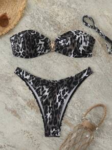 New Leopard Print Bandeau Bikini Set, Sexy Women Swimwear, For Summer Beach Vacation - Multicolor - View 1