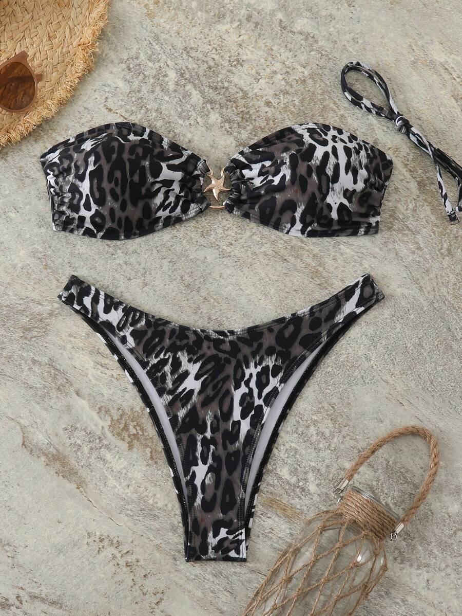 New Leopard Print Bandeau Bikini Set, Sexy Women Swimwear, For Summer Beach Vacation - Multicolor - View 1