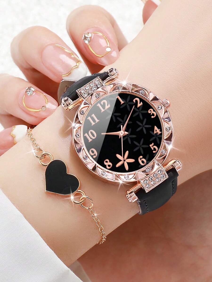 2pcs Set: Women's Fashion Starfish & Number Scale Dial Elegant Niche Quartz Watch + Heart Bracelet (Watch Box Not Included)