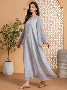 女士雕花雪纺长袖衬里连衣裙优雅长袖长袍 Abaya 朴素卡夫坦 Jalabiya 阿拉伯连衣裙斋月风格 - 淺灰色 - 查看 4