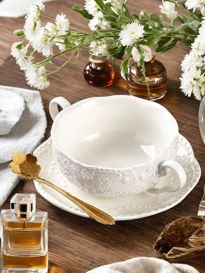 1 Set - Minimalist Ceramic Double-Ear Bowl With Plate And Gold Sakura Spoon, Embossed Butterfly Design, Suitable For Soup Bowl, Salad Bowl, Noodle Bowl, Oven And Microwave , Tableware, Kitchen Supplies, Salad, Fruit, Pasta, Kitchen Accessories