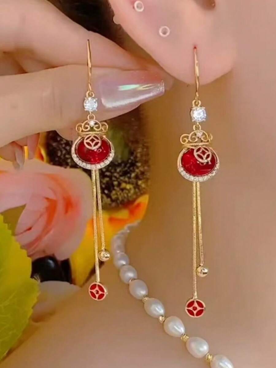 1 Pair Red Tassel Coin Purse Dangle Earrings, Versatile Party & Festive Accessories - Multicolor - View 1