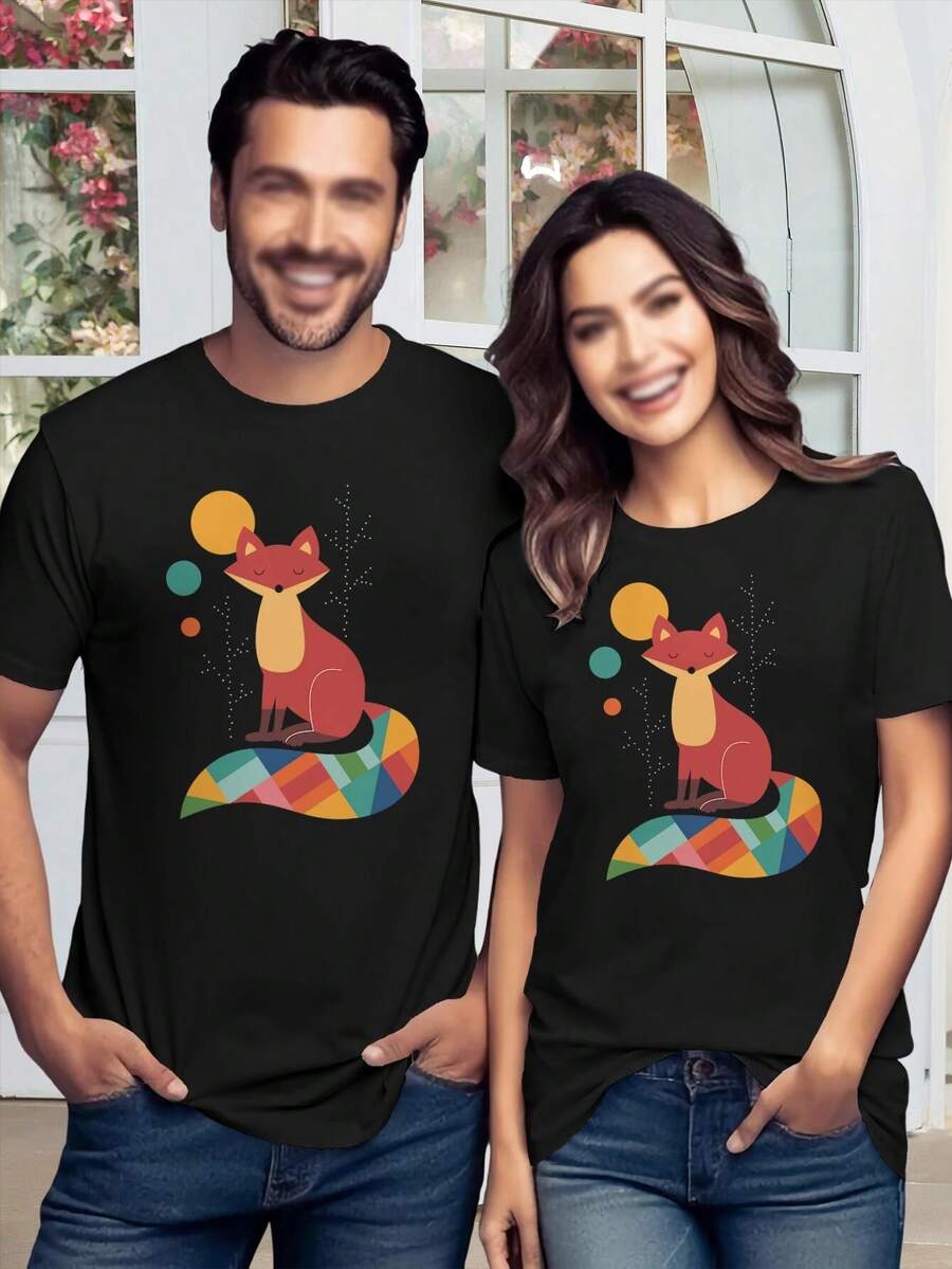 Women's Rainbow Fox Graphic Tee Cute Trendy Comfortable T-Shirt - Black - View 1