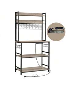 VASAGLE Kitchen Storage Rack With Power Outlet, Coffee Bar, Baker's Rack, With Metal Wire Panel, 14 Hooks, For Microwave, Steel Frame, 40 X 80 X 170 Cm, Greige And Ink Black