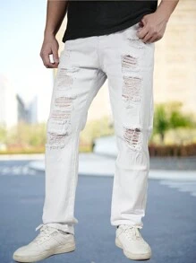 Men's Distressed White Denim Jeans, Casual Outdoor All Season