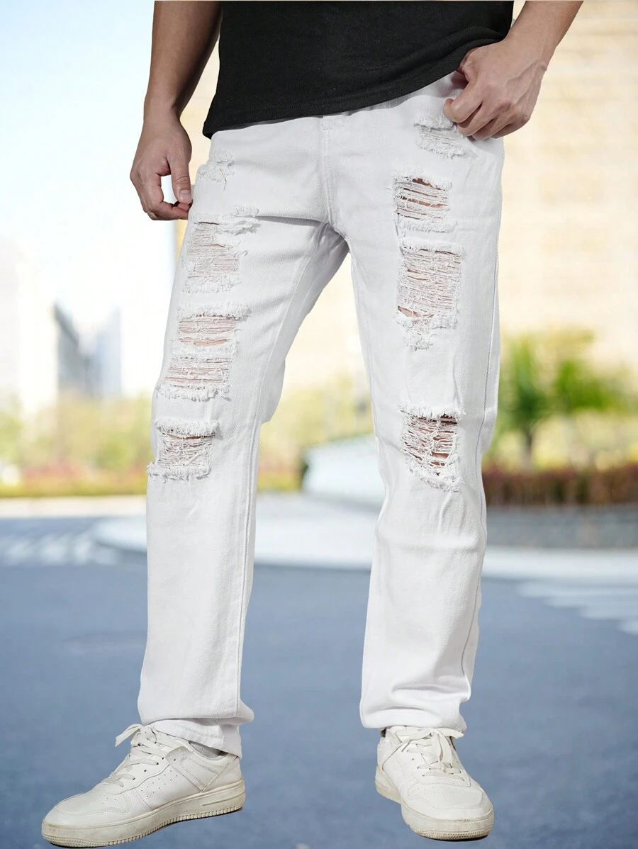 Men's Distressed White Denim Jeans, Casual Outdoor All Season