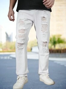 Men's Distressed White Denim Jeans, Casual Outdoor All Season