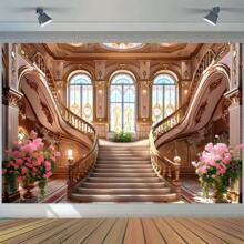 1 pièce Toile de fond de bannière en polyester avec un escalier de château luxueux et des fleurs, parfaite pour un photobooth, un anniversaire, une fête, des fournitures et une décoration pour les vacances, convient pour une utilisation intérieure et extérieure