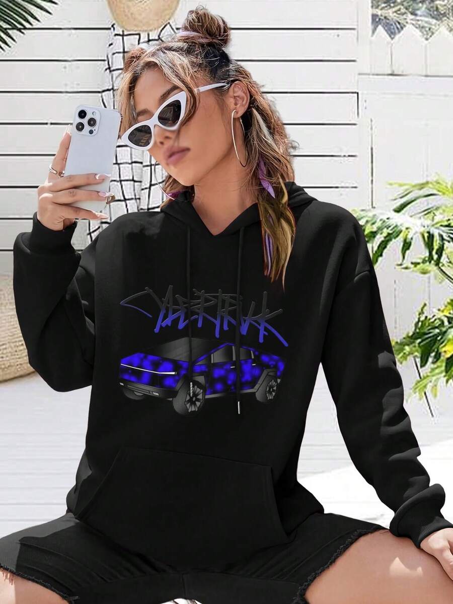 Women's Cybertruck Hoodie T-Shirt Stylish Electric Vehicle Apparel - Black - View 1