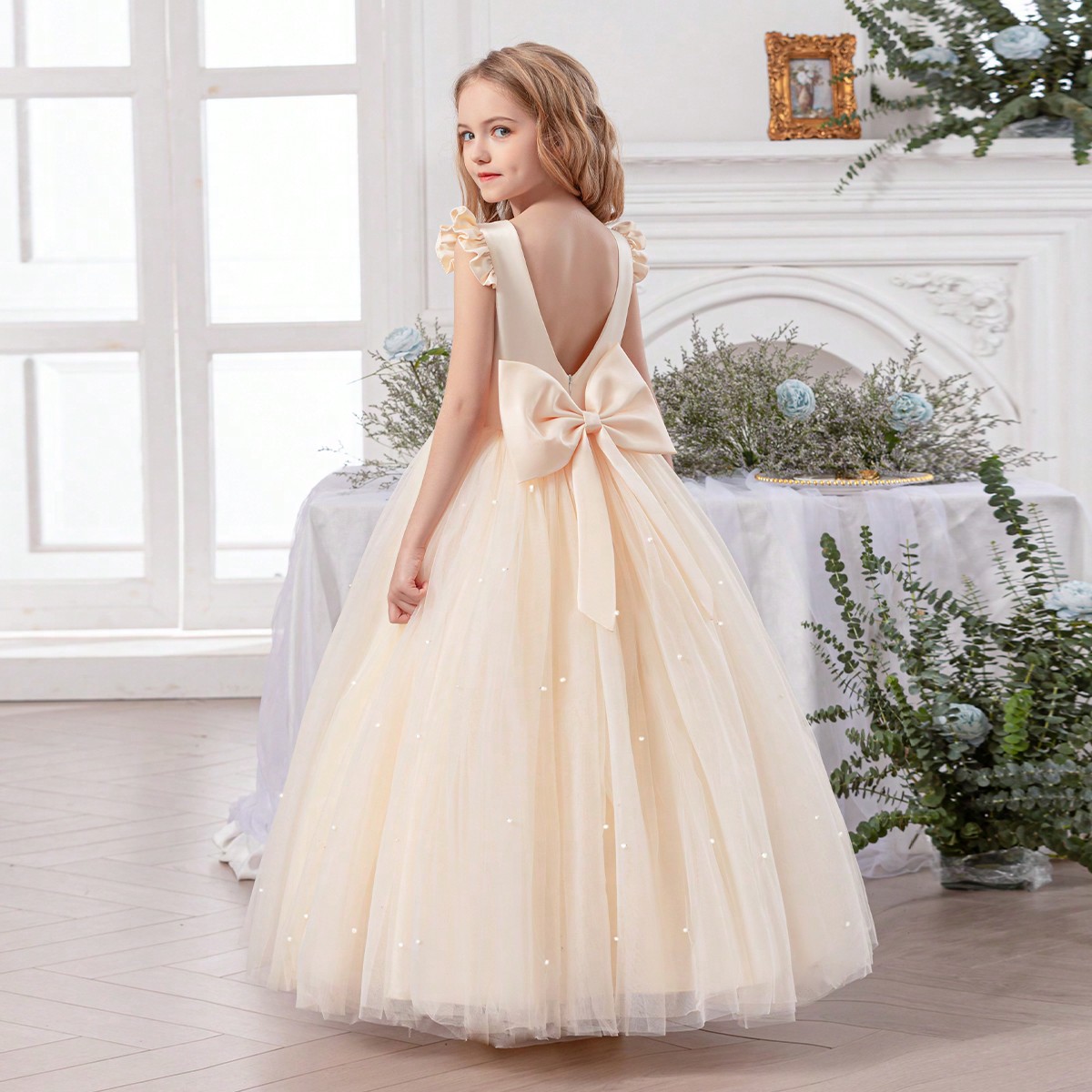 Vestido elegante de fiesta de Navidad con mangas de campana, hecho a mano con cuentas y lazo, para niña preadolescente. Vestido de princesa adecuado