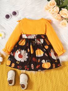 Toddler Baby Girl Thanksgiving Dress Newborn Turkey Print Long Sleeve Mini Dress Autumn Round Neck A Line Princess Dress - 黃色 - 查看 2